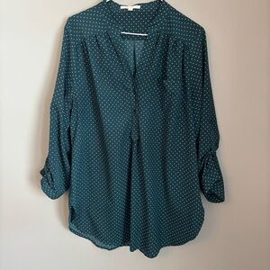 Polka Dot Green Button-Front Blouse with Roll Tabs